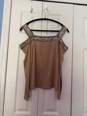 VENUS Gold-Beige Embellished Cold-Shoulder Camisole